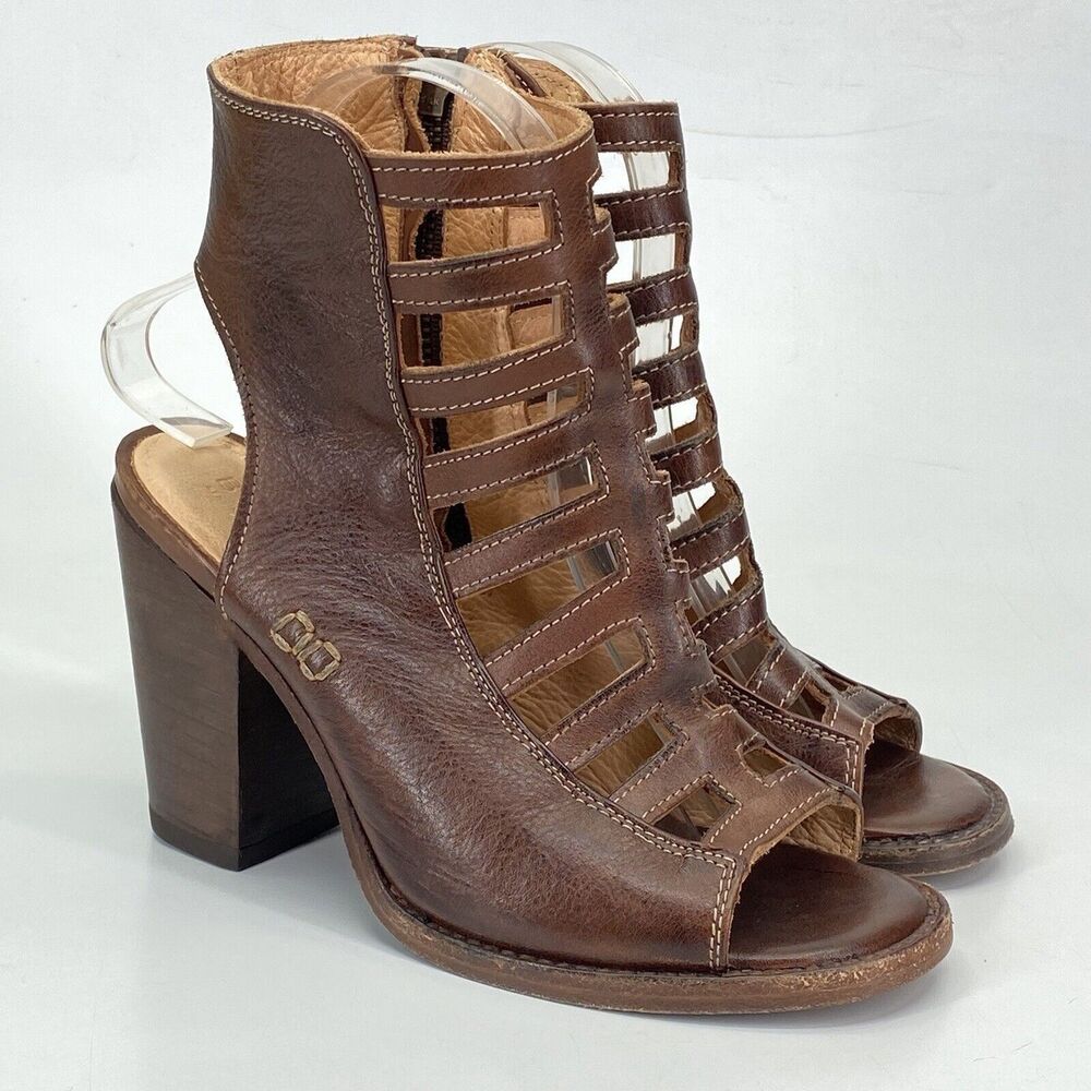 Bed‎ Stu Occam Peep Toe Gladiator Heels Women's Size 6.5 Brown Leather